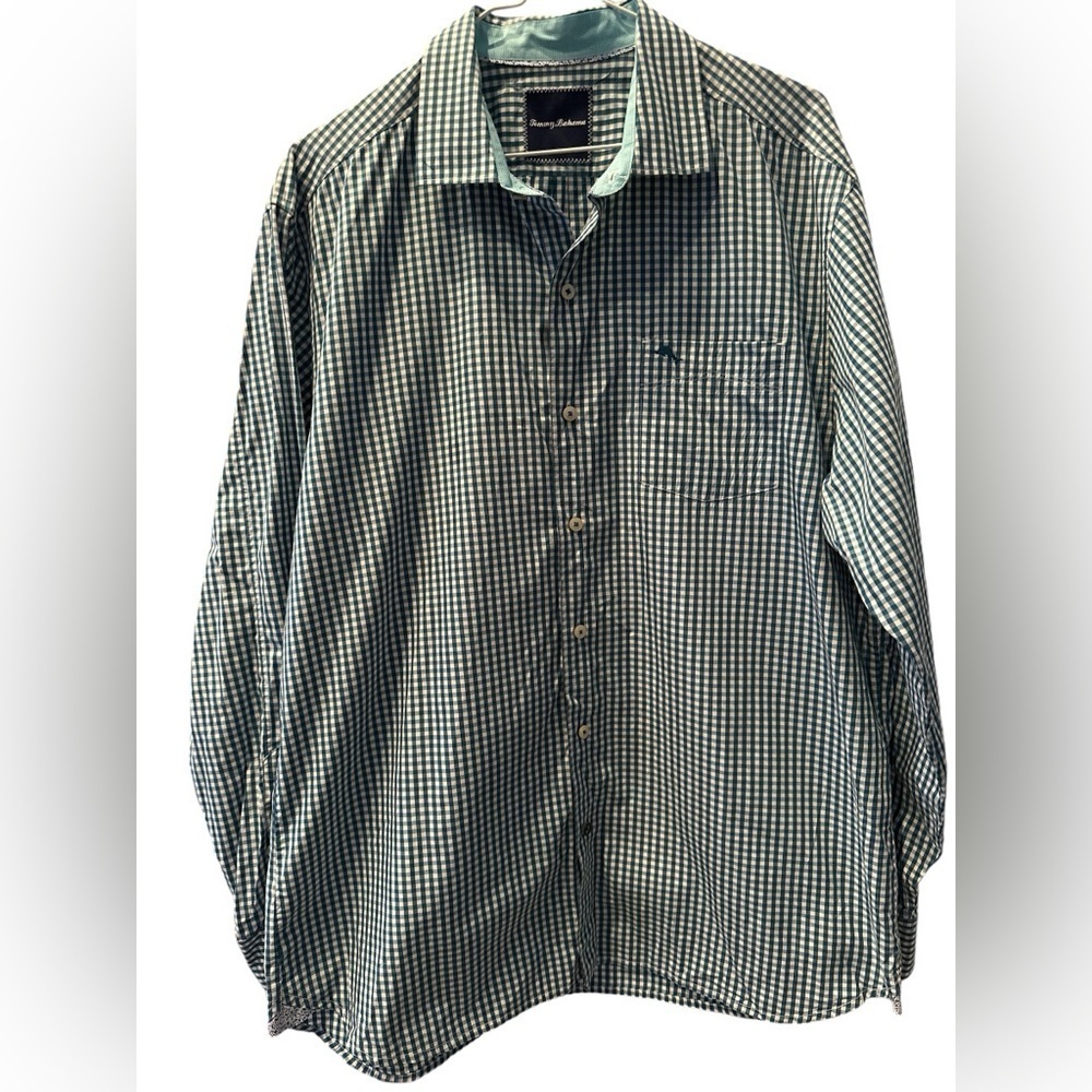 Tommy Bahama Shirt Mens Lg Button Up Long Sleeve Pima Cotton Teal Gingham